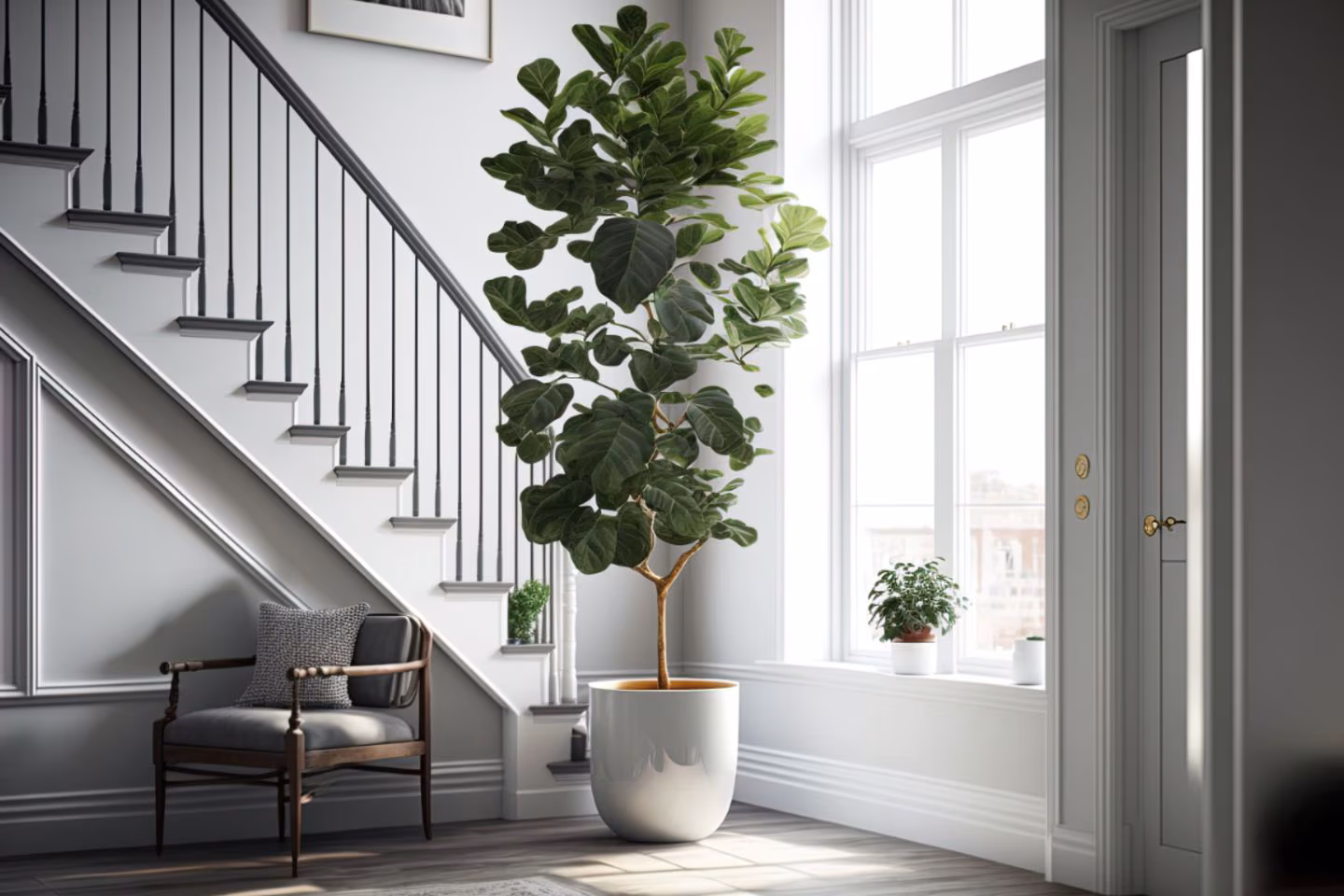 Geigenfeige (Ficus lyrata) als Zimmerpflanze in einem modernen Wohnraum: Die große Pflanze mit ihren glänzenden, dunkelgrünen Blättern steht in einem dekorativen Topf vor einer hellen Wand. Die Geigenfeige ist eine beliebte, pflegeleichte Pflanze, die für ihr elegantes, tropisches Aussehen bekannt ist.
